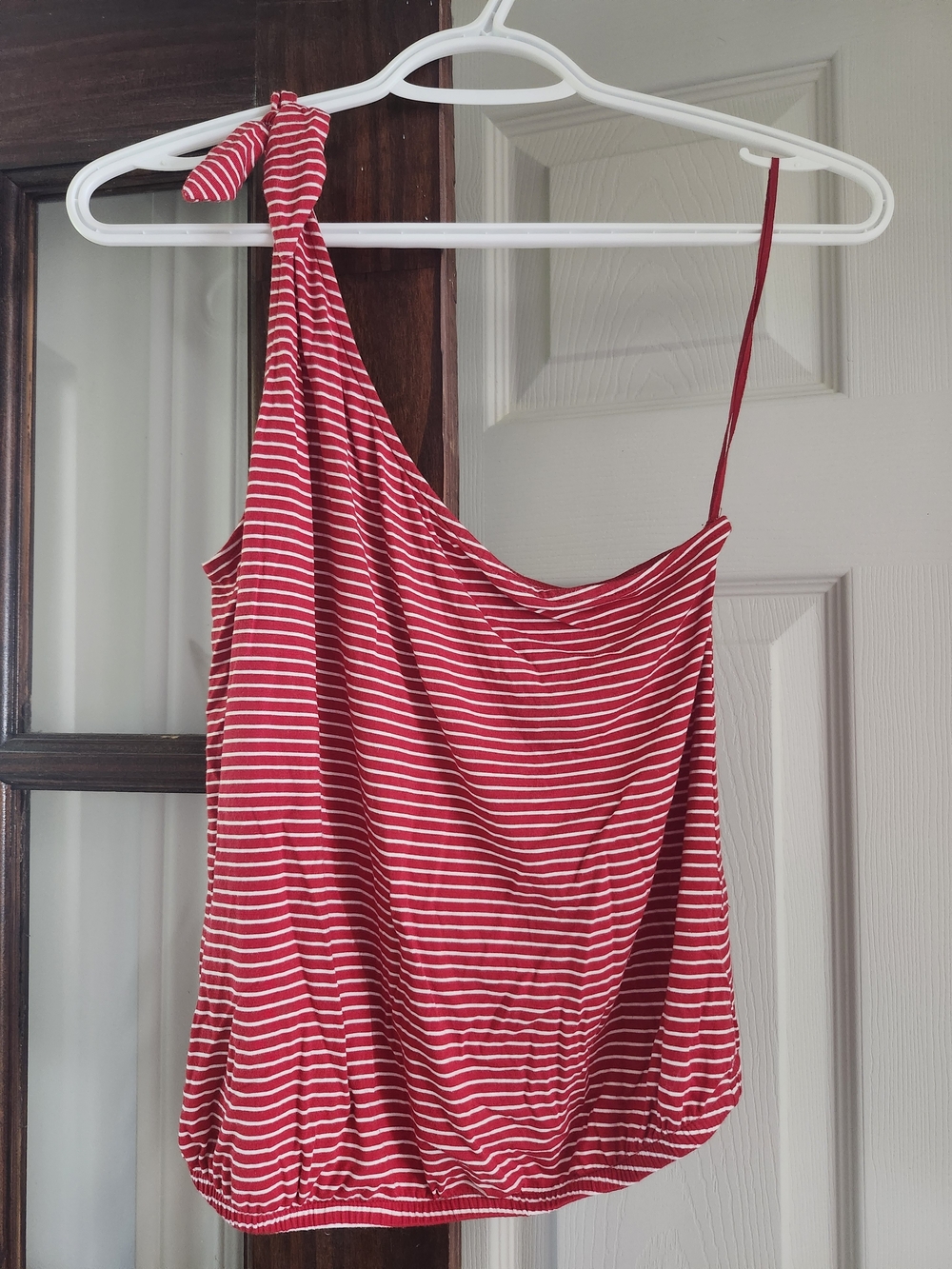 American Eagle Outfitters Red and White Striped One-Shoulder Camisole